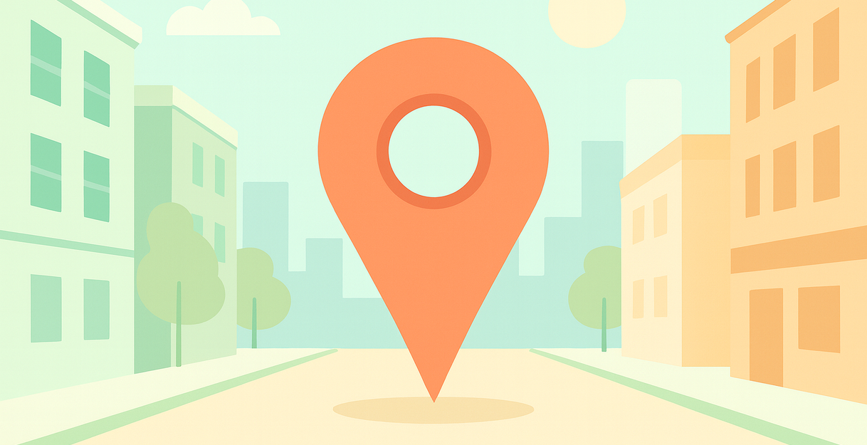 Illustration eines großen roten Standortmarkers in einer stilisierten Stadtlandschaft mit Gebäuden und Bäumen.